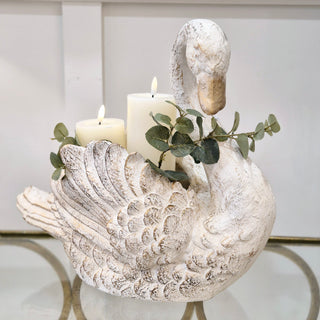 The Odette Bundle from Lily Bloom – distressed swan vase with eucalyptus stem and two LED candles, styled as a soft-glow home display. Available at Lily Bloom, Gorey, Ireland.