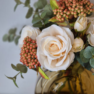 Amber Moments styling bundle featuring fern tray, amberlight vase, gold “See No Evil” monkeys, and faux floral bouquet – Available at Lily Bloom, Gorey, Ireland.