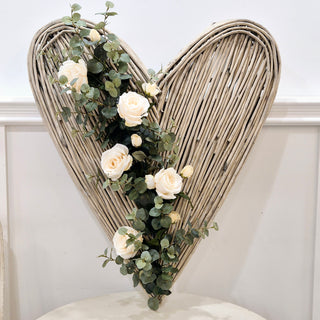 Large Wicker Heart with Cream Roses and Natural Eucolyptus