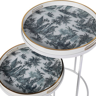 Close-up of Amalfi Coast Tray Table showing gold-edged rim and blue Roman shoreline scene – part of the Lily Bloom collection, Gorey, Wexford, Ireland.