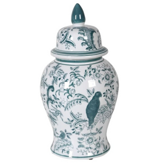 The Aviary Jar – teal ceramic temple jar with painted bird motif and domed lid. Available at Lily Bloom, Gorey, Ireland.