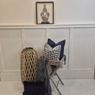 Blue and Off-White Velvet Labyrinth Cushion with intricate maze cut pattern, 43 x 43 nationwide delivery www.lilybloom.ie