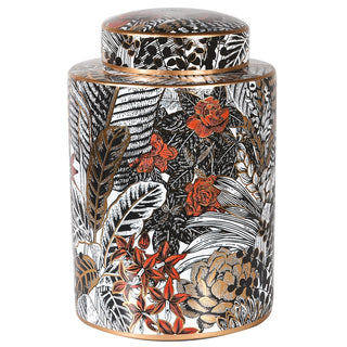 Botanica Noir Lidded Jar with gold and reddy-brown leaf detailing – available at Lily Bloom, Gorey, Ireland.