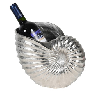 Nickel shell-shaped Cahore Beach Wine Cooler with silver finish – available at Lily Bloom, Gorey, Ireland.