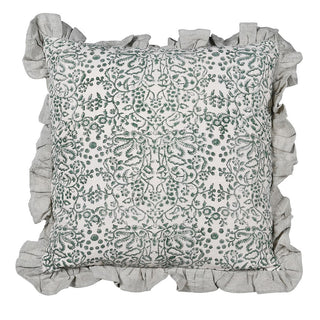 Green paisley cotton cushion with frilled edge. Decorative soft furnishing from Lily Bloom, Gorey, Ireland.