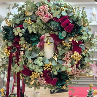 Luxury handcrafted 60cm Christmas wreath with velvet ribbons and gold detailing, bespoke orders available at Lily Bloom, Gorey, Ireland.