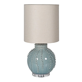Mia pastel green beaded table lamp with white linen shade – available at Lily Bloom, Gorey, Ireland