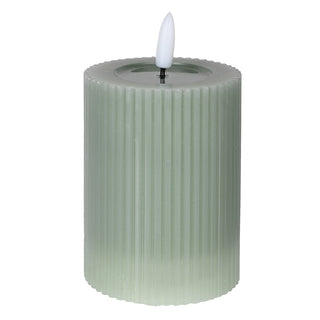 Medium ribbed LED candle in soft sage green – flameless candlelight with subtle texture. Buy online at www.lilybloom.ie or visit our Gorey store.