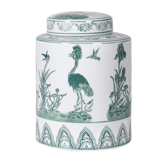 Sage and White Temple Jar with Peacock Design, decorative ceramic lidded jar for interior styling – buy online at www.lilybloom.ie or visit Lily Bloom, Gorey, Ireland