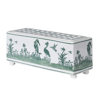 Sage and White Stem Vase with Peacock Design, decorative ceramic rectangular vase for interior styling – buy online at www.lilybloom.ie or visit Lily Bloom, Gorey, Ireland
