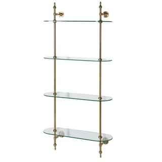 Tall brass and glass four shelf wall unit – open display shelving with elegant brass frame and tempered glass tiers, available at Lily Bloom, Gorey, Ireland