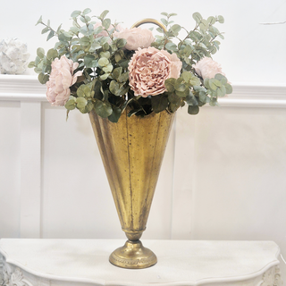 Gold umbrella stand styled with faux pink peonies and eucalyptus – available at Lily Bloom, Gorey, Ireland