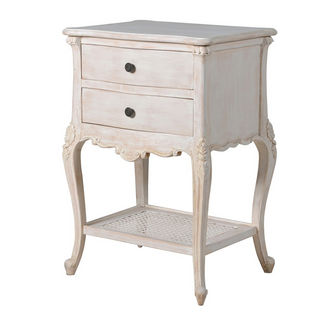 Vernay 2 Drawer Bedside Table in soft cream with carved detailing and curved front—available online at www.lilybloom.ie and in-store at Lily Bloom, Gorey.