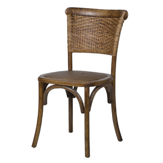 The William Chair – Elmwood dining chair with curved back and woven rattan seat. Available at Lily Bloom, Gorey. Delivery included across Ireland.