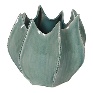 Green glazed ceramic Wisteria Vase with sculptural rippled shape – available at Lily Bloom, Gorey, Ireland.