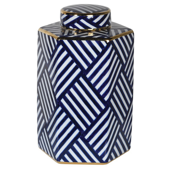 Blue and White Striped Lidded Ginger Jar