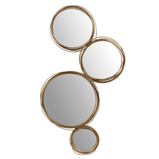 Cascading gold hoops mirror – sculptural vertical design with round mirror insets. Available at Lily Bloom, Gorey, Ireland.