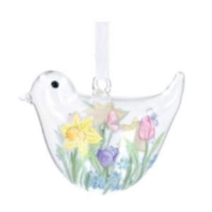 Clear Glass Bird with Daffodil & Tulips Decoration nationwide delivery www,lilybloom.ie
