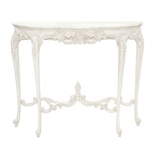 French Chic Carved Console Table with antique white crackle finish and ornate hand-carved detailing. Available at Lily Bloom, Gorey, Ireland.