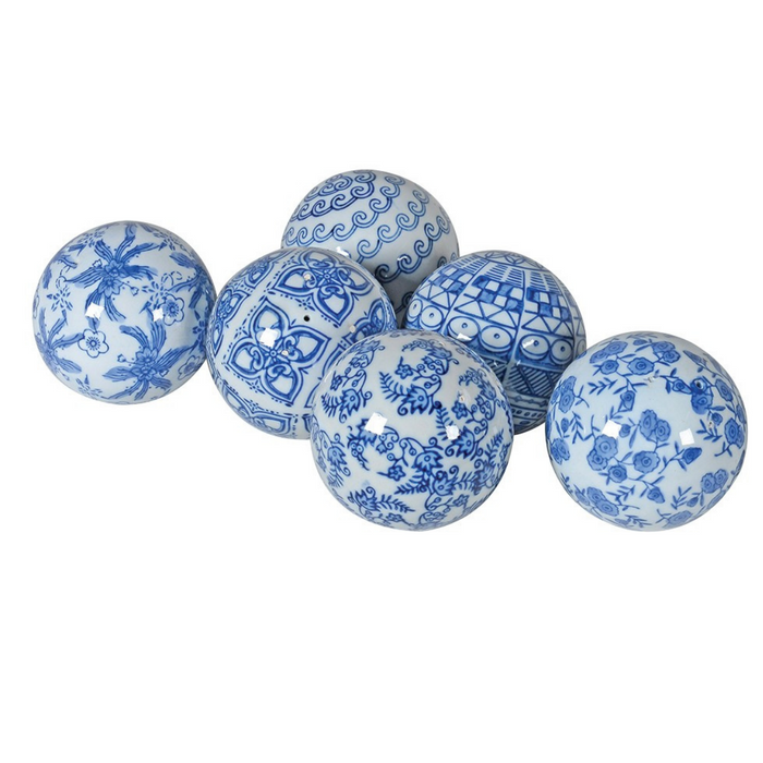 Set of 6 Assorted Blue and White Chinoiserie Orbs