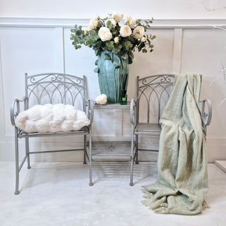 Love Seat with grey washed finish, vintage iron companion seat for gardens – buy online at www.lilybloom.ie or visit Lily Bloom, Gorey, Ireland