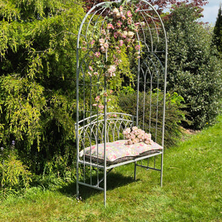Metal Garden Arch with Bench – Grey Wash Finish