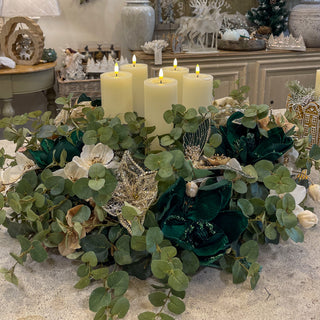 Bowbrook Halo evergreen centrepiece and wreath with eucalyptus, gold florals and LED candles. Buy online at www.lilybloom.ie