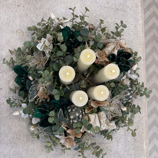 Bowbrook Halo styled vertically as a Christmas wreath with LED candles and greenery. Buy online at www.lilybloom.ie.