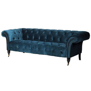 Adam Blue Buttoned Chesterfield Sofa – Prussian blue velvet upholstery, available at Lily Bloom, Gorey, Ireland