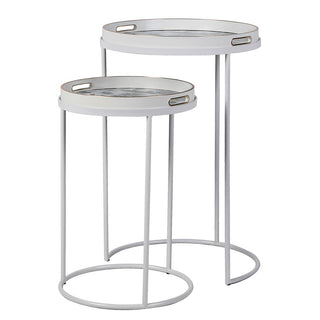 Amalfi Coast Nesting Tray Tables – set of two white and blue tables with gold rim and Roman shoreline artwork, available at Lily Bloom, Gorey, Ireland.