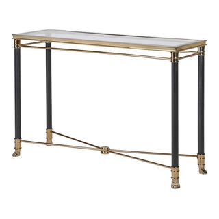 Auralis gold and black console table with sculpted claw feet and glass top—luxury furniture available at Lily Bloom, Gorey, or online at www.lilybloom.ie. Delivery included.