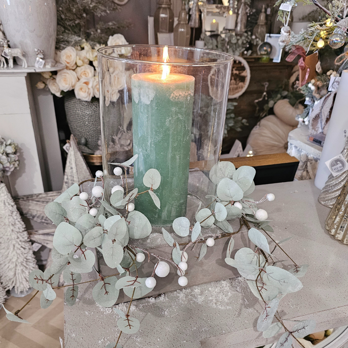 Bank Holiday Special Cement Hurricane Lamp with Large Sage Candle & White Berry Leaves