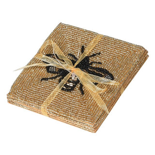 Set of four handmade gold beaded bee coasters on cotton fabric. Decorative drink mats available at Lily Bloom, Gorey, Ireland.