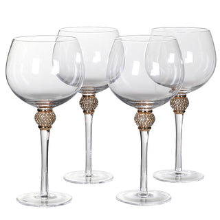 Set of 4 gold diamante ball gin glasses with round bowls and sparkling stems – available at Lily Bloom, Gorey, Ireland.
