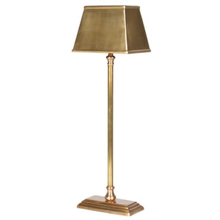 Beverly Antique Brass Table Lamp with slender silhouette and aged gold finish – available at Lily Bloom, Gorey, Ireland.