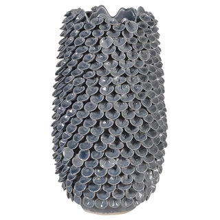 Handmade blue-grey ceramic vase with leaf pattern – available at Lily Bloom, Gorey, Ireland.