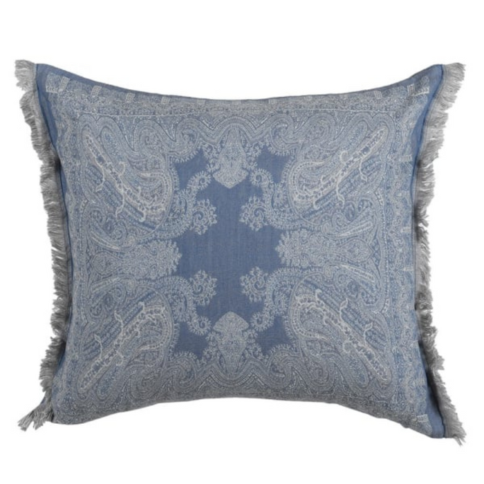 Blue Paisley Wool Fray Edge Cushion Cover