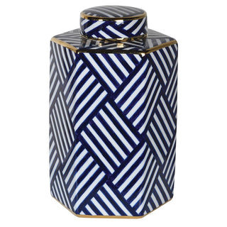 Blue and White Geometric Ceramic Jar – Large, decorative lidded jar with bold stripe design – buy online at www.lilybloom.ie or visit Lily Bloom, Gorey, Ireland