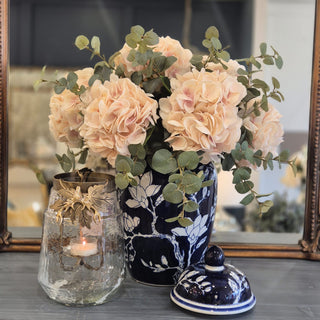 Pink Hydrangea and Eucalyptus Arrangement in Navy and White Floral Ginger Jar