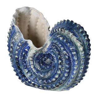 Large blue and white ceramic shell vase showing curved form and wide opening, decorative vase from Lily Bloom