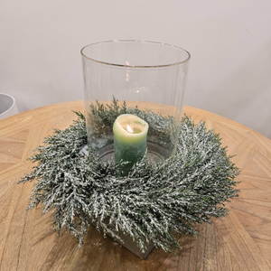 Cement Base Hurricane Lamp, Snowy Pine Wreath & candle display