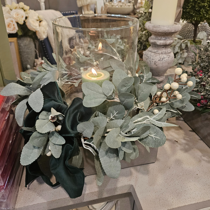 Cement Hurricane Lamp with wreath, sage candle and green velvet bow