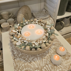 Cream Ball Bowl with Seashell and large 3 wick candle tea ight holder