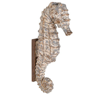 Large distressed sea horse wall decoration in aged white magnesium – coastal style wall decor available at Lily Bloom, Gorey, Ireland