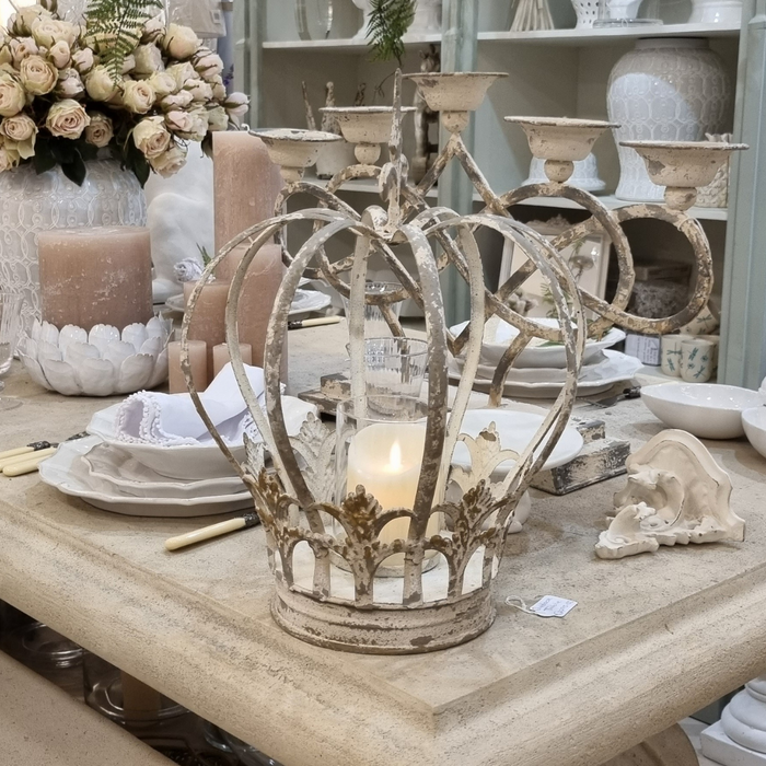 Cream Distressed Crown Lantern