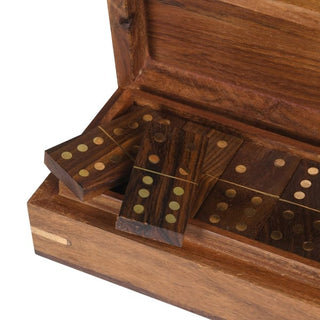 Handmade Dominoes in Sheesham and Mango wood box with brass detail – available at Lily Bloom, Gorey, Ireland.