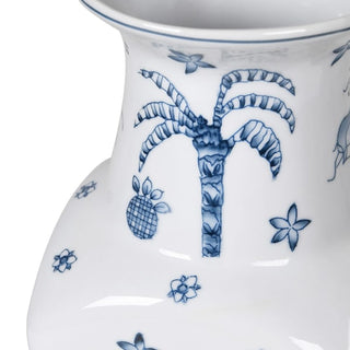 EdenBlue tall porcelain vase with blue palm tree and bird print. Beautiful paired with the matching EdenBlue Bowl. Available at Lily Bloom, Gorey, Irel