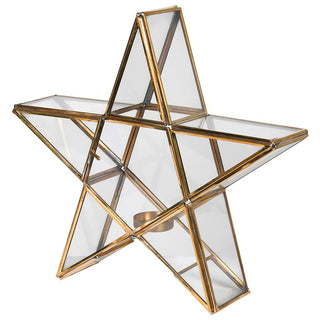 Glass star lantern with antique brass frame for tealights – available at Lily Bloom, Gorey, Ireland.
