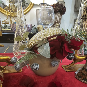 Gold Acorn lidded Jar with Festive leaves & red blossom