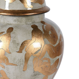 Matisse-inspired ceramic lidded jar with gold silhouettes on neutral glaze 
